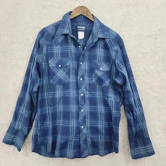 Wrangler Men's Western Plaid Button-Up Shirt Blue L Cotton & Polyester 13PT - Picture 1 of 6